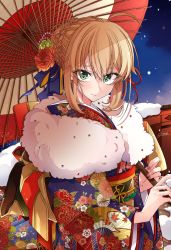 Rule 34 | 1girl, absurdres, ahoge, alternate costume, artoria pendragon (all), artoria pendragon (fate), bad id, bad twitter id, blonde hair, character request, check character, fate/grand order, fate/stay night, fate (series), floral print, flower, fur collar, green eyes, hair flower, hair ornament, highres, holding, holding umbrella, japanese clothes, kimono, long sleeves, looking at viewer, nail polish, nero claudius (fate), nero claudius (fate) (all), nero claudius (fate/extra), new year, oil-paper umbrella, osanai, red nails, saber (fate), sash, short hair, sidelocks, signature, smile, solo, umbrella, wide sleeves