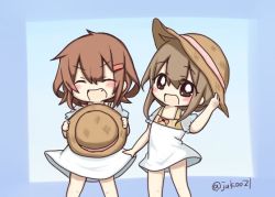 Rule 34 | 10s, 2girls, :d, ^ ^, alternate costume, brown hair, closed eyes, fang, gradient background, hair ornament, hairclip, hat, ikazuchi (kancolle), inazuma (kancolle), jako (jakoo21), kantai collection, multiple girls, open mouth, short hair, short sleeves, smile