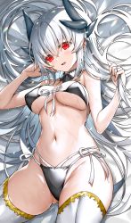 Rule 34 | 1girl, bikini, black bikini, blush, breasts, cowboy shot, dragon horns, fate/grand order, fate (series), highres, holding, holding hair, horns, kiyohime (fate), kiyohime (fate/grand order), kiyohime (swimsuit lancer) (fate), kiyohime (swimsuit lancer) (first ascension) (fate), kiyohime (third ascension) (fate), large breasts, long hair, looking at viewer, lying, morizono shiki, navel, on back, parted lips, red eyes, sideboob, smile, solo, swimsuit, thighhighs, underboob, white hair, white thighhighs