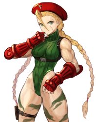 Rule 34 | 1girl, abs, absurdres, bare legs, blonde hair, braid, breasts, cammy white, closed mouth, curvy, eyebrows, facial scar, green eyes, green sweater, hat, highleg, highleg leotard, highres, large breasts, leotard, long hair, looking at viewer, muscular, muscular female, red hat, ribbed sweater, scar, scar on cheek, scar on face, shiny skin, simple background, solo, sookmo, standing, street fighter, street fighter v, sweater, thighs, thong leotard, twin braids, very long hair, white background