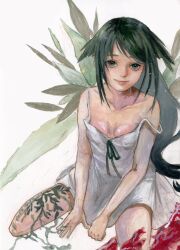 Rule 34 | 1girl, bare shoulders, blood, breasts, dress, green eyes, green hair, green ribbon, hair flaps, highres, long hair, looking at viewer, painting (medium), plant, ribbon, saya (saya no uta), saya no uta, simple background, sitting, small breasts, smile, solo, strap, traditional media, vigload leviael, vines, watercolor (medium), white background, white dress, wings