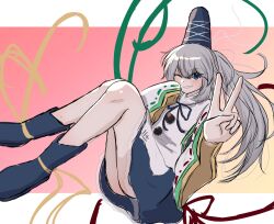 Rule 34 | 1girl, black footwear, black hat, black skirt, commentary request, full body, gradient background, grey eyes, grey hair, hat, highres, japanese clothes, kariginu, long hair, long sleeves, looking at viewer, mononobe no futo, one eye closed, pipita, ponytail, ribbon-trimmed sleeves, ribbon trim, skirt, solo, tate eboshi, touhou, v, wide sleeves