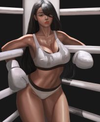 Rule 34 | 1girl, absurdres, against railing, bare shoulders, bikini, black background, black hair, blush, boxing gloves, boxing ring, breasts, cleavage, commission, hair over one eye, highres, against railing, lips, long hair, looking at viewer, medium breasts, midriff, muscular, muscular female, original, parted lips, playing sports, railing, red lips, solo, soul (smfa2555), sports bikini, sweat, sweaty clothes, swimsuit, thighs, white bikini