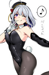 Rule 34 | 1girl, ;p, ahoge, bare shoulders, black hat, blush, brave girl ravens, breasts, cleavage, covered navel, detached collar, earrings, elbow gloves, gloves, grey hair, hat, highres, horosuke, jewelry, large breasts, leotard, long hair, looking at viewer, musical note, one eye closed, pantyhose, playboy bunny, purple eyes, rabbit tail, short hair, solo, spoken musical note, tail, tongue, tongue out, white gloves, wrist cuffs