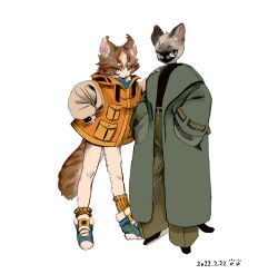 Rule 34 | 2others, absurdres, androgynous, animal ears, asymmetrical legwear, baggy clothes, blue eyes, blue scarf, body fur, cat, cat ears, cat tail, coat, full body, furry, furry with furry, glasses, green coat, green pants, hand on another&#039;s shoulder, hands in pockets, highres, long sleeves, looking at viewer, multiple others, original, oversized clothes, pants, scarf, shima (wansyon144), shoes, short eyebrows, siamese cat, simple background, sleeves past wrists, sneakers, socks, tail, thick eyebrows, turtleneck, uneven legwear, whiskers, white background, yellow eyes