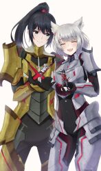 Rule 34 | 1boy, 1girl, amiibo, animal ears, armor, armored bodysuit, black hair, blue eyes, cat ears, chest jewel, doiparuni, figure, gloves, grey hair, highres, looking at viewer, m (xenoblade), mio (xenoblade), n (xenoblade), noah (xenoblade), official alternate costume, open mouth, ponytail, short hair, shoulder armor, smile, xenoblade chronicles (series), xenoblade chronicles 3