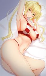 Rule 34 | 1girl, ahoge, armpits, bed sheet, bikini, blonde hair, breasts, fate/grand order, fate (series), green eyes, hair intakes, halterneck, highres, large breasts, long hair, lying, navel, nero claudius (fate), nero claudius (fate) (all), nero claudius (swimsuit caster) (fate), noeomi, on side, solo, striped bikini, striped clothes, swimsuit, twintails
