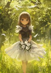 Rule 34 | 1girl, black shirt, bouquet, brown eyes, brown hair, commentary request, day, feet out of frame, flower, grass, holding, lm7 (op-center), original, outdoors, shirt, short hair, skirt, smile, solo, standing, white skirt