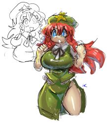 Rule 34 | arms up, blue eyes, braid, breasts, chinese clothes, emerald kitty, highres, hong meiling, huge breasts, large breasts, open mouth, red hair, thick thighs, thighs, touhou