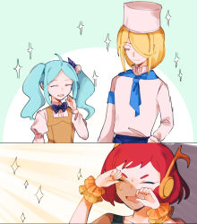 Rule 34 | 1boy, 2girls, blonde hair, blue hair, bow, chef, chef hat, chef, cindy (toh), crayon (toh), closed eyes, facing another, flower, georges (toh), hair bow, hair flower, hair ornament, hat, headphones, highres, long hair, multicolored background, multiple girls, nabob, pale skin, red hair, short hair, sparkle, tower of hanoi, twintails