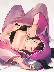 Rule 34 | 1girl, black bra, bra, breasts, candy, cellphone, charger, food, han juri, heterochromia, highres, lollipop, looking at viewer, lying, medium breasts, multicolored hair, navel, official alternate costume, official alternate hairstyle, on back, phone, small breasts, smartphone, solo, stomach, streaked hair, street fighter, street fighter 6, twintails, underwear, unzipped, yuenibushi