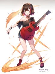 Rule 34 | 1girl, :o, apple caramel, artist name, bang dream!, bare shoulders, black hair, black shirt, black socks, blue shorts, boots, character name, collarbone, commentary request, gradient background, grey background, guitar, holding, holding instrument, instrument, looking at viewer, mitake ran, multicolored hair, off shoulder, open mouth, plectrum, red eyes, red footwear, red hair, shirt, short hair, short shorts, shorts, socks, solo, standing, streaked hair, teeth, upper teeth only, white background