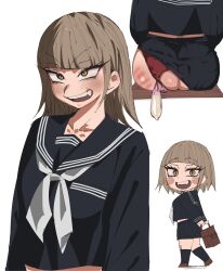 Rule 34 | 1girl, absurdres, alternate costume, alternate hairstyle, blonde hair, blush, blush stickers, boku no hero academia, clothing aside, condom, dutheg123, fangs, hair down, highres, looking at viewer, multiple views, open mouth, panties, panties aside, pleated skirt, sailor collar, school uniform, sitting, skirt, smile, solo, spanked, toga himiko, underwear, used condom, white background, yellow eyes
