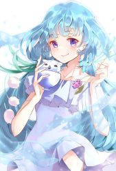 Rule 34 | 1girl, absurdres, alternate costume, aqua hair, blue dress, blue hair, blush, cowboy shot, dress, flower, food, highres, holding, holding spoon, light blue dress, lily of the valley, long hair, looking at viewer, nintendo, purple eyes, risumi (taka-fallcherryblossom), shaved ice, simple background, smile, solo, spaghetti strap, spoon, ursula (xenoblade), white background, white dress, xenoblade chronicles (series), xenoblade chronicles 2