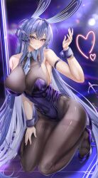 Rule 34 | 1girl, :3, absurdly long hair, absurdres, animal ears, arm strap, armpit crease, armpit focus, armpits, azur lane, bare shoulders, black pantyhose, blue eyes, blue hair, blue necktie, blush, bodystocking, breasts, cleavage, closed mouth, collarbone, commentary, covered navel, detached collar, fake animal ears, full body, hair between eyes, hand up, headgear, heart, high heels, highres, kneeling, large breasts, leotard, long hair, looking at viewer, necktie, new jersey (azur lane), new jersey (exhilarating steps!) (azur lane), official alternate costume, pantyhose, playboy bunny, pole, purple leotard, rabbit ears, see-through, see-through cleavage, shadow, shiroyuki (shiroyuki003), short necktie, sidelocks, signature, smile, solo, stage lights, strapless, strapless leotard, stripper pole, very long hair, wrist cuffs