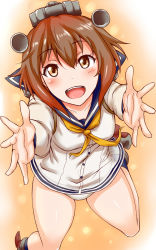Rule 34 | 10s, 1girl, :d, blush, brown eyes, brown hair, dress, hair ornament, headgear, highres, kantai collection, looking at viewer, mizuse kouichi, open mouth, outstretched arms, outstretched hand, panties, personification, sailor dress, school uniform, serafuku, short hair, smile, solo, underwear, yukikaze (kancolle)