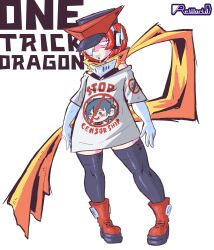 Rule 34 | 1girl, digimon, female focus, highres, personification, scarf, shoutmon, solo, taiga (digimon)