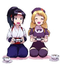 Rule 34 | 2girls, blonde hair, blue hair, cup, dougi, dualsense, hakama, happy, hat, headband, japanese clothes, low twintails, multiple girls, oni gini, playing games, playstation controller, ponytail, school uniform, seiza, shijou hinako, sitting, tea, teacup, the king of fighters, the king of fighters 2000, toudou kasumi, twintails, wide-eyed