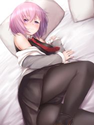 Rule 34 | 1girl, bare shoulders, black dress, black pantyhose, blush, breasts, dress, eyes visible through hair, fate/grand order, fate (series), hair over one eye, highres, jacket, maosame, mash kyrielight, necktie, pantyhose, purple eyes, purple hair, short hair, skirt, solo