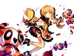 Rule 34 | 1girl, alternate costume, alternate hair color, black bow, black gloves, blonde hair, bow, candy, closed mouth, cropped legs, dress, elsword, eve (elsword), expressionless, food, ghost, gloves, halloween, highres, lollipop, long hair, looking at viewer, no nose, official art, orange dress, ress, shoes, solo, striped clothes, striped thighhighs, thighhighs, transparent background, twintails, vertical-striped clothes, vertical-striped thighhighs, yellow eyes