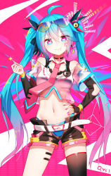 Rule 34 | 1girl, :t, ahoge, bare shoulders, bikini, bikini bottom only, bikini under clothes, black gloves, black ribbon, black shorts, blue bikini, blue eyes, blue hair, breasts, brown thighhighs, chinese commentary, closed mouth, commentary, crescent, crescent earrings, earrings, eating, elbow gloves, eyewear on head, facial mark, fingerless gloves, fingernails, gloves, hair between eyes, hair ribbon, hand on own hip, hatsune miku, heart, heart-shaped pupils, highres, holding, jewelry, long hair, multicolored eyes, nail polish, navel, necktie, off-shoulder shirt, off shoulder, open clothes, open fly, open shorts, pink nails, pink necktie, purple eyes, qys3, revision, ribbon, shirt, short shorts, shorts, single glove, single thighhigh, small breasts, solo, swimsuit, symbol-shaped pupils, thighhighs, tie clip, twintails, very long hair, vocaloid, wavy mouth, white shirt