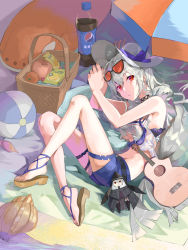 Rule 34 | 1girl, apple, arknights, arthuralucard, ball, bare shoulders, basket, beach, beachball, black-framed eyewear, black choker, blouse, blue shorts, breasts, character doll, choker, commentary, crop top, eyewear on head, food, fruit, guitar, hair ornament, hat, highres, inflatable orca, inflatable toy, instrument, legs, legs folded, long hair, looking at viewer, low-tied long hair, lying, medium breasts, off-shoulder shirt, off shoulder, official alternate costume, on side, open mouth, orange (fruit), outdoors, pepsi, red eyes, sandals, seashell, shell, shirt, short shorts, short sleeves, shorts, silver hair, skadi (arknights), skadi (waverider) (arknights), sleeveless, sleeveless shirt, solo, specter (arknights), stomach, sun hat, sunglasses, swimsuit, thigh strap, thighs, umbrella, underboob, very long hair, white hat, white shirt