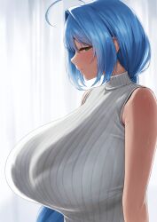 Rule 34 | 1girl, absurdres, ahoge, blue eyes, blue hair, blush, breasts, commission, deka (deka 4242), embarrassed, from side, grey sweater, hair behind ear, half-closed eyes, highres, huge breasts, long hair, looking at viewer, low ponytail, mole, mole under mouth, original, ribbed sweater, skeb commission, sleeveless, sleeveless sweater, solo, sweater, variant set, very long hair