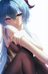 Rule 34 | 1girl, absurdres, ahoge, bagya, bare arms, bare shoulders, black pantyhose, blue hair, blush, breasts, ganyu (genshin impact), genshin impact, highres, horns, knees up, long hair, looking at viewer, medium breasts, no gloves, pantyhose, purple eyes, sidelocks, simple background, sitting, sleeveless, small breasts, solo, white background