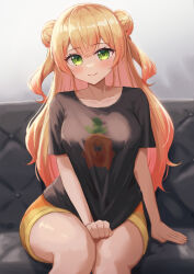 Rule 34 | 1girl, absurdres, alternate costume, between legs, black shirt, blonde hair, blush, breasts, closed mouth, collarbone, commentary request, couch, double bun, green eyes, hair between eyes, hair bun, hand between legs, highres, hololive, indoors, long hair, looking at viewer, medium breasts, momosuzu nene, multicolored hair, shirt, short sleeves, shorts, sidelocks, sitting, smile, solo, t-shirt, thighs, typho, very long hair, virtual youtuber, yellow shorts