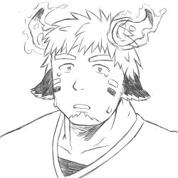 Rule 34 | 1boy, absurdres, animal ears, bara, cow boy, cow ears, cow horns, facepaint, facial hair, fiery horns, forked eyebrows, glowing horns, goatee, greyscale, highres, horns, looking at viewer, male focus, monochrome, portrait, sad, short hair, solo, staring, tatatan (ts kon2), tearing up, tears, thick eyebrows, tokyo houkago summoners, upper body, wakan tanka