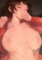 Rule 34 | 1girl, blush, breasts, brown hair, closed mouth, collarbone, hair ornament, hairclip, hand to own mouth, hanekawa tsubasa, heart, highres, large breasts, long hair, monogatari (series), nat the lich, nipples, open mouth, raised eyebrows, see-through, signature, solo, sweat