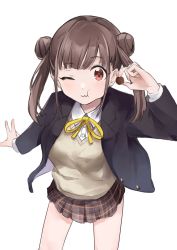 Rule 34 | 1girl, blazer, brown hair, chocolate, commentary request, double bun, eating, hair bun, highres, idolmaster, idolmaster shiny colors, jacket, looking at viewer, miniskirt, neck ribbon, one eye closed, plaid, plaid skirt, pleated skirt, ribbon, school uniform, short twintails, skirt, solo, sonoda chiyoko, sweater vest, twintails, uouokuma, white background, yellow ribbon