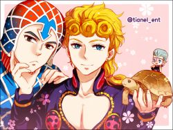 Rule 34 | 3boys, black eyes, blonde hair, blue eyes, braid, chibi, cleavage cutout, clothing cutout, coco jumbo, eyepatch, flattop, giorno giovanna, grabbing another&#039;s chin, grey hair, guido mista, hand on another&#039;s chin, hat, jean pierre polnareff, jojo no kimyou na bouken, male focus, mini person, miniboy, multiple boys, smirk, tianel ent, turtle, vento aureo