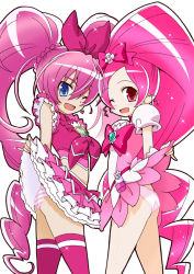 Rule 34 | 10s, 2girls, blue eyes, brooch, clothes lift, crossover, cure blossom, cure melody, hair ribbon, hanasaki tsubomi, heart, heart brooch, heartcatch precure!, houjou hibiki, jewelry, long hair, magical girl, multiple girls, one eye closed, open mouth, panties, pink eyes, pink hair, pink theme, precure, ribbon, simple background, skirt, skirt lift, suite precure, thighhighs, twintails, underwear, wink, yuuma (artist), yuuma (skirthike)