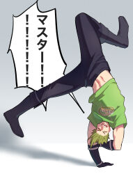 Rule 34 | 1boy, absurdres, achilles (fate), black footwear, black gloves, black pants, cartwheel, closed eyes, dynamic pose, facing viewer, fate/grand order, fate (series), gloves, green shirt, grey background, happy, haruakira, highres, male focus, midriff peek, navel, open mouth, pants, quick shirt, shirt, short hair, solo, t-shirt, teeth, toned, toned male, translation request, upside-down