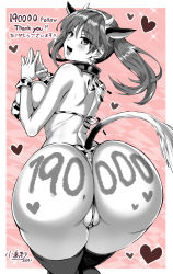 Rule 34 | 1girl, animal ears, animal print, ass, ass focus, back, blush, body writing, breasts, cow ears, cow horns, cow print, cow print bikini, cow tail, fake animal ears, fake horns, from behind, gloves, hairband, heart, highres, horns, huge ass, huge breasts, kojima saya, long hair, looking at viewer, looking back, open mouth, original, print bikini, smile, solo, tail, thank you, thighhighs, thong, twintails, wide hips