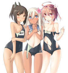 Rule 34 | 10s, 3girls, ahoge, blonde hair, blue eyes, blush, breasts, brown eyes, brown hair, flat chest, flower, girl sandwich, hair flower, hair ornament, highres, i-401 (kancolle), i-58 (kancolle), kaminagi (kaminagi-tei), kantai collection, long hair, looking at viewer, multiple girls, nipples, one-piece swimsuit, one-piece tan, open mouth, pink hair, ponytail, red eyes, ro-500 (kancolle), sailor collar, sandwiched, school swimsuit, school uniform, serafuku, short hair, simple background, small breasts, swimsuit, tan, tanline, torn clothes, torn swimsuit, white background
