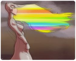 Rule 34 | 10s, 1girl, alternate hair length, alternate hairstyle, breasts, cropped legs, dress, from side, kill la kill, kiryuuin ragyou, long hair, long sleeves, looking to the side, multicolored hair, profile, rainbow hair, red eyes, slb, solo, sunset, white dress, white hair, wind