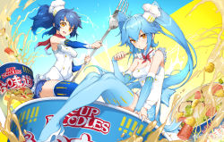 Rule 34 | 2girls, absurdres, blue hair, blush, chef hat, chinese commentary, collar, eating, food, fork, hat, highres, long hair, multiple girls, nissin, nissin cup noodle, open mouth, original, product placement, shanyao jiang tororo, sitting, toque blanche, twintails, watermark, yellow eyes