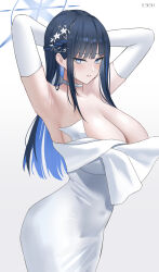 Rule 34 | 1girl, absurdres, armpits, arms behind head, black hair, blue archive, blue eyes, blush, breasts, choker, cowboy shot, dress, earrings, elbow gloves, gloves, highres, ilsksh, jewelry, large breasts, long hair, looking at viewer, official alternate costume, open mouth, parted lips, saori (blue archive), saori (dress) (blue archive), seductive gaze, sideboob, solo, white choker, white dress, white gloves