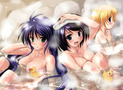Rule 34 | 00s, 3girls, :d, :o, absurdres, adjusting hair, antenna hair, aoi umi no tristia, aqua eyes, arm up, armpits, bathing, black hair, blonde hair, blue eyes, blue hair, blush, breasts, censored, cleavage, convenient censoring, covering privates, covering breasts, embarrassed, fawly, fawly (aoi umi no tristia), fingernails, hair between eyes, hair censor, hair over breasts, hand on head, highres, hugging own legs, knees to chest, komatsu eiji, large breasts, long fingernails, long hair, multiple girls, nene hampdon, nude, nude cover, official art, onsen, open mouth, panavia tornado (aoi umi no tristia), rubber duck, scan, short hair, sitting, smile, sparkle, steam, submerged, sweatdrop, swept bangs, towel, towel on head, twintails, very long hair, water