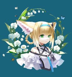 Rule 34 | 1girl, absurdres, animal, animal ear fluff, animal ears, arknights, bare shoulders, blonde hair, blue background, blue hairband, braid, braided hair rings, breasts, bug, butterfly, closed mouth, commentary request, cropped torso, flower, fox ears, green eyes, hair rings, hairband, highres, insect, lily of the valley, multicolored hair, shirt, sidelocks, simple background, small breasts, solo, suzuran (arknights), tang45, two-tone hair, upper body, white flower, white hair, white shirt