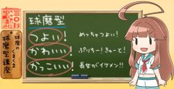 Rule 34 | ahoge, brown hair, chalkboard, commentary request, fang, huge ahoge, indoors, kantai collection, kuma (kancolle), kuma (kuma1 kancolle), long hair, neckerchief, parody, sailor collar, school uniform, serafuku, shirt, short sleeves, shorts, solo, standing, translation request