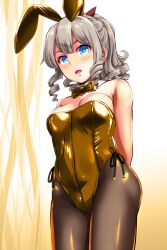 Rule 34 | 1girl, absurdres, animal ears, arms behind back, bare shoulders, black pantyhose, blue eyes, blush, breasts, cleavage, detached collar, drill hair, fake animal ears, gold bowtie, gold leotard, hair ribbon, hatakaze (kancolle), highleg, highleg leotard, highres, kantai collection, large breasts, leotard, light brown hair, looking at viewer, medium hair, open mouth, pantyhose, playboy bunny, ponytail, rabbit ears, red ribbon, ribbon, simple background, solo, strapless, strapless leotard, tareme, yellow quokka