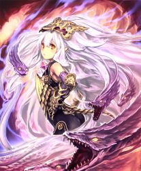 Rule 34 | 10s, 1girl, angry, armor, artist request, bare shoulders, cygames, elbow gloves, fangs, gem, gloves, gold trim, hair ornament, long hair, looking at viewer, medusa (shingeki no bahamut), official art, pointy ears, shadowverse, shingeki no bahamut, snake, snake hair, tail, very long hair, white hair, yellow eyes