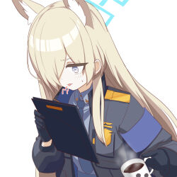 Rule 34 | 1girl, animal ear fluff, animal ears, black gloves, black jacket, blue archive, blue eyes, clipboard, coffee, coffee mug, commentary request, cup, dog ears, dog girl, gloves, hair over one eye, halo, holding, holding clipboard, holding cup, jacket, kanna (blue archive), light brown hair, long bangs, long hair, long sleeves, mug, o (rakkasei), open clothes, open jacket, paw print, police, police badge, police uniform, policewoman, reading, sidelocks, simple background, solo, tongue, tongue out, uniform, white background
