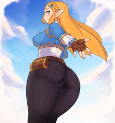 Rule 34 | 1girl, absurdres, artist request, ass, blush, breasts, fingerless gloves, from behind, from below, gloves, green eyes, hair ornament, hairclip, highres, large breasts, long hair, looking at viewer, looking down, nintendo, orange hair, pants, pointy ears, princess zelda, shiny clothes, sideboob, skin tight, smile, solo, the legend of zelda, the legend of zelda: breath of the wild, tight clothes, tight pants, very long hair