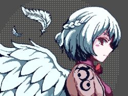 Rule 34 | 1girl, braid, closed mouth, feathers, french braid, from side, grey background, kappalabo, kishin sagume, pixel art, red eyes, short hair, solo, touhou, upper body, white feathers, white hair, white wings, wings