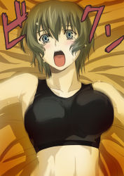 Rule 34 | 1girl, bed sheet, blue eyes, blush, bouncing breasts, breasts, brown hair, ein (phantom of inferno), fura, green hair, midriff, open mouth, phantom of inferno, requiem for the phantom, short hair, solo, sports bra, sweat, tank top, tears