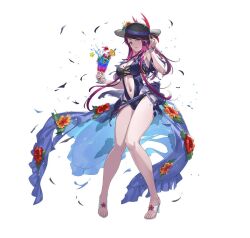 Rule 34 | 1girl, bare shoulders, black dress, black hat, breasts, cleavage, clothing cutout, cuboon, dress, dress swimsuit, drink, fire emblem, fire emblem engage, fire emblem heroes, flower, full body, hair ornament, hat, ivy (fire emblem), large breasts, long hair, looking at viewer, midriff, mole, mole under mouth, navel, nintendo, non-web source, official alternate costume, official art, one-piece swimsuit, purple eyes, purple hair, smile, solo, stomach, stomach cutout, swimsuit